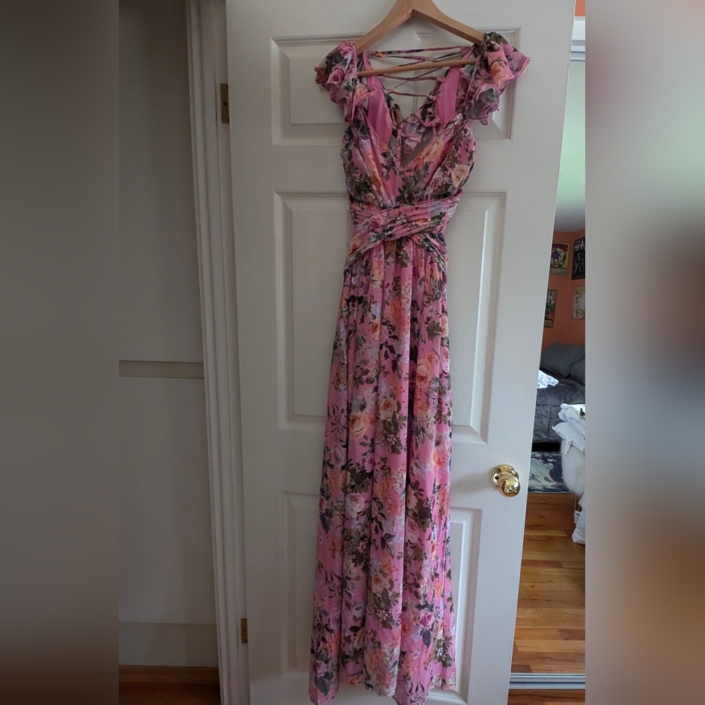 Backless, long, pink floral dress, M size